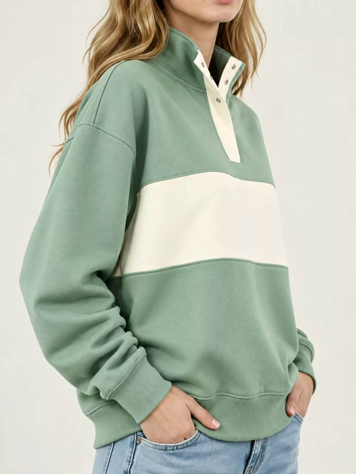 Full Size Color Block Snap-Button Sweatshirt Plus Size