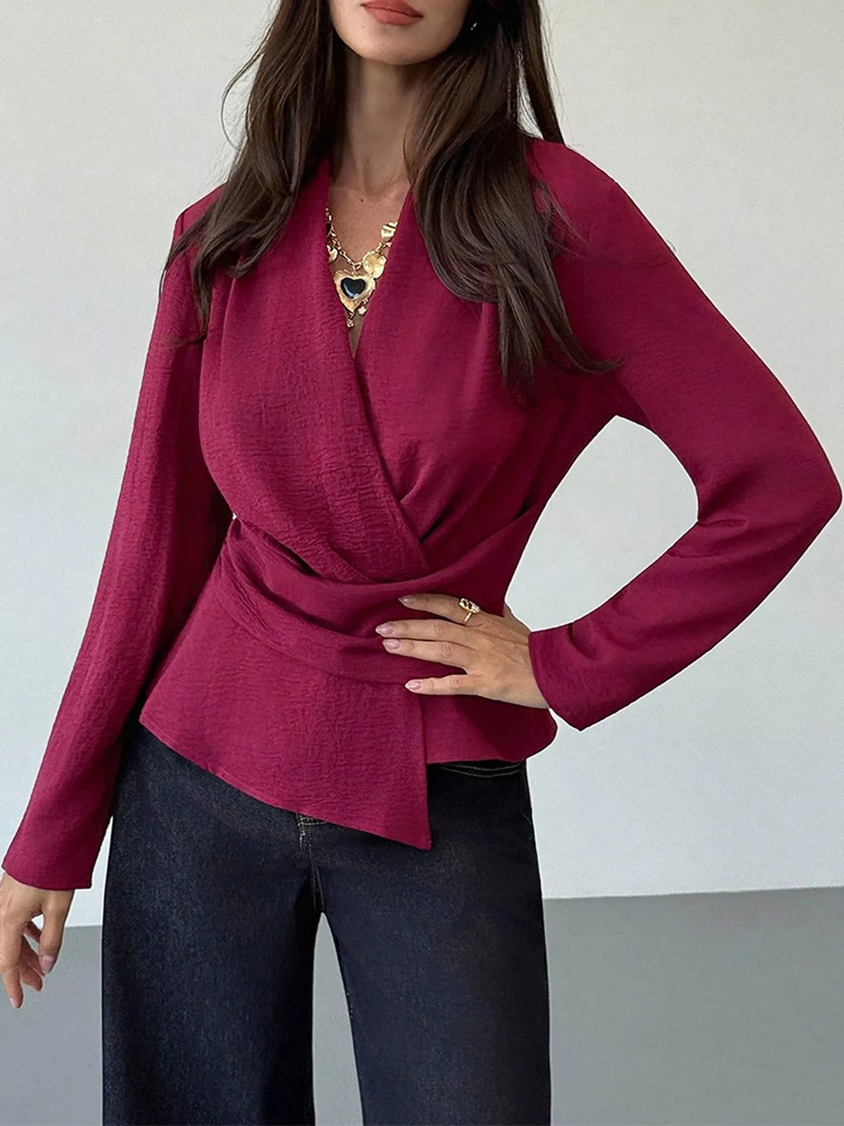 Wrap-Front Long Sleeve Blouse