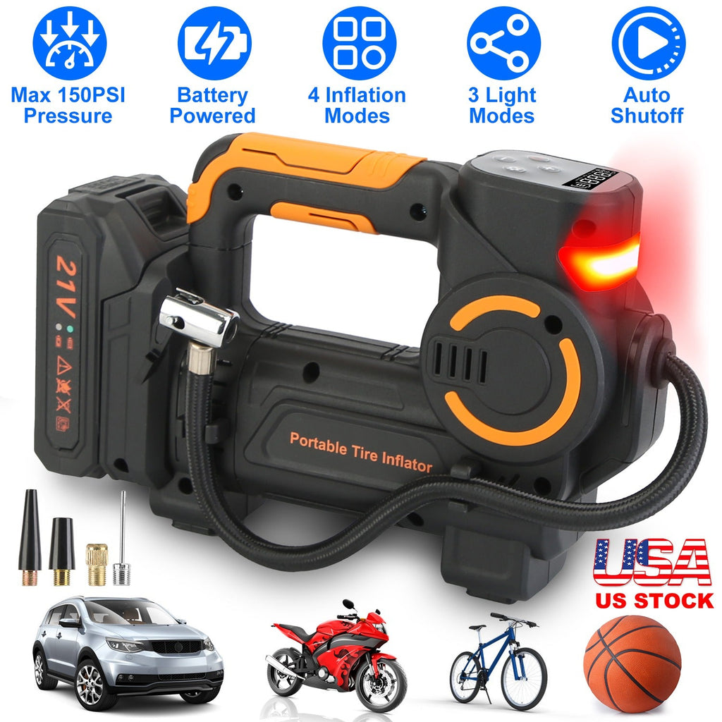 Cordless Tire Inflator with LED Light for Cars & Bikes