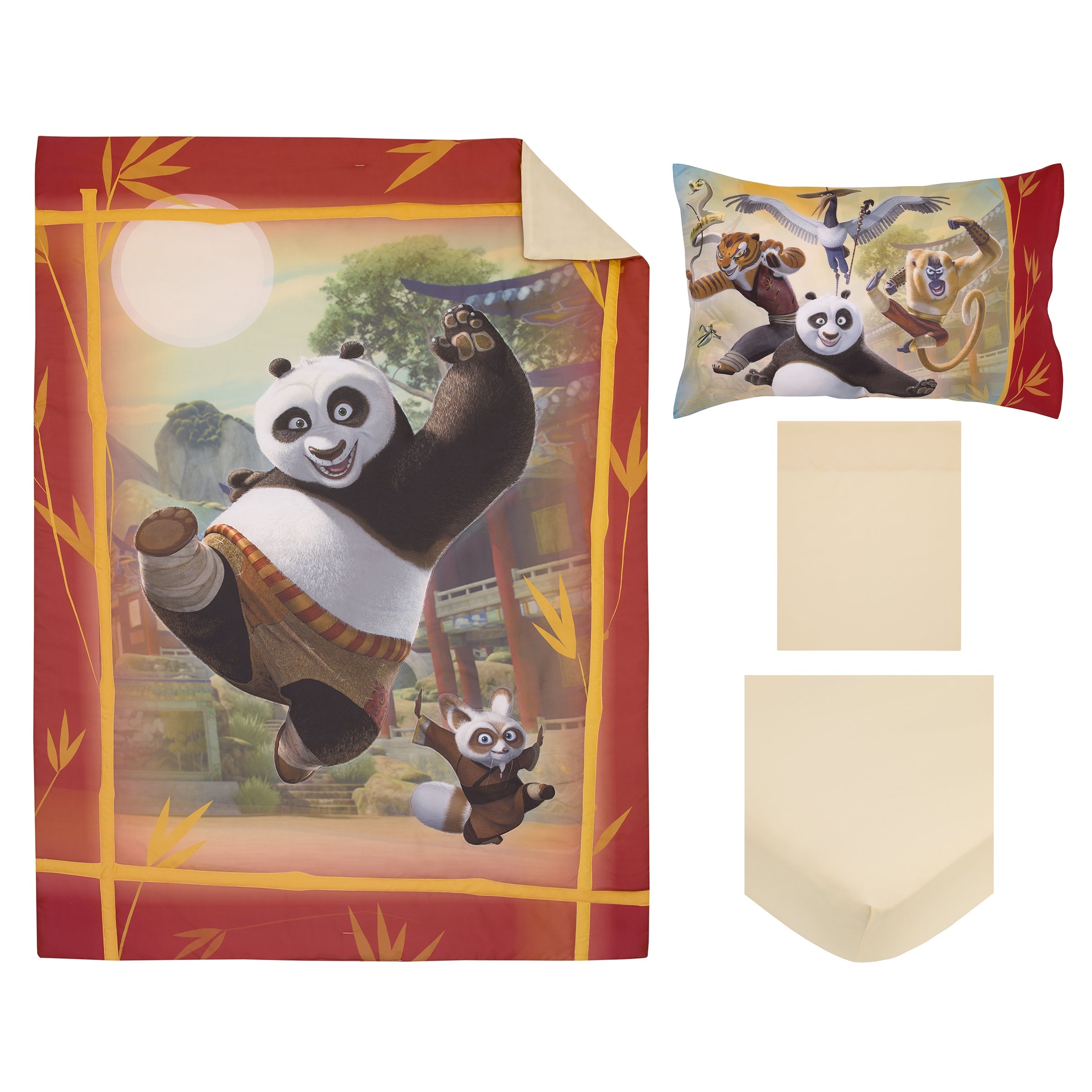 Kung Fu Panda Dragon Warrior Red and Gold Po and Friends 4 Piece Toddler Bed Set - Comforter, Fitted Bottom Sheet, Flat Top Sheet, and Reversible Pillowcase