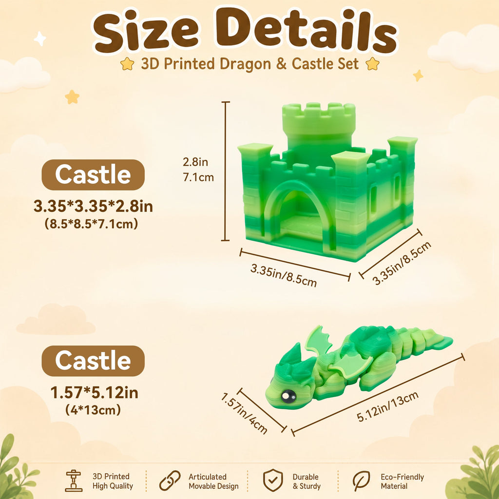 3D Printed Articulated Dragon And Castle Set, Cute Movable Flying Dragon Figure With Mini Castle, Desk Decor Fidget Toy Gift For Kids And Adults