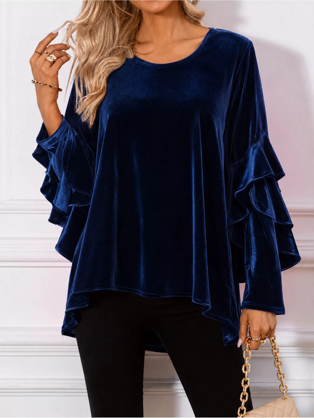 Velvet Round Neck Ruffle Sleeve Top