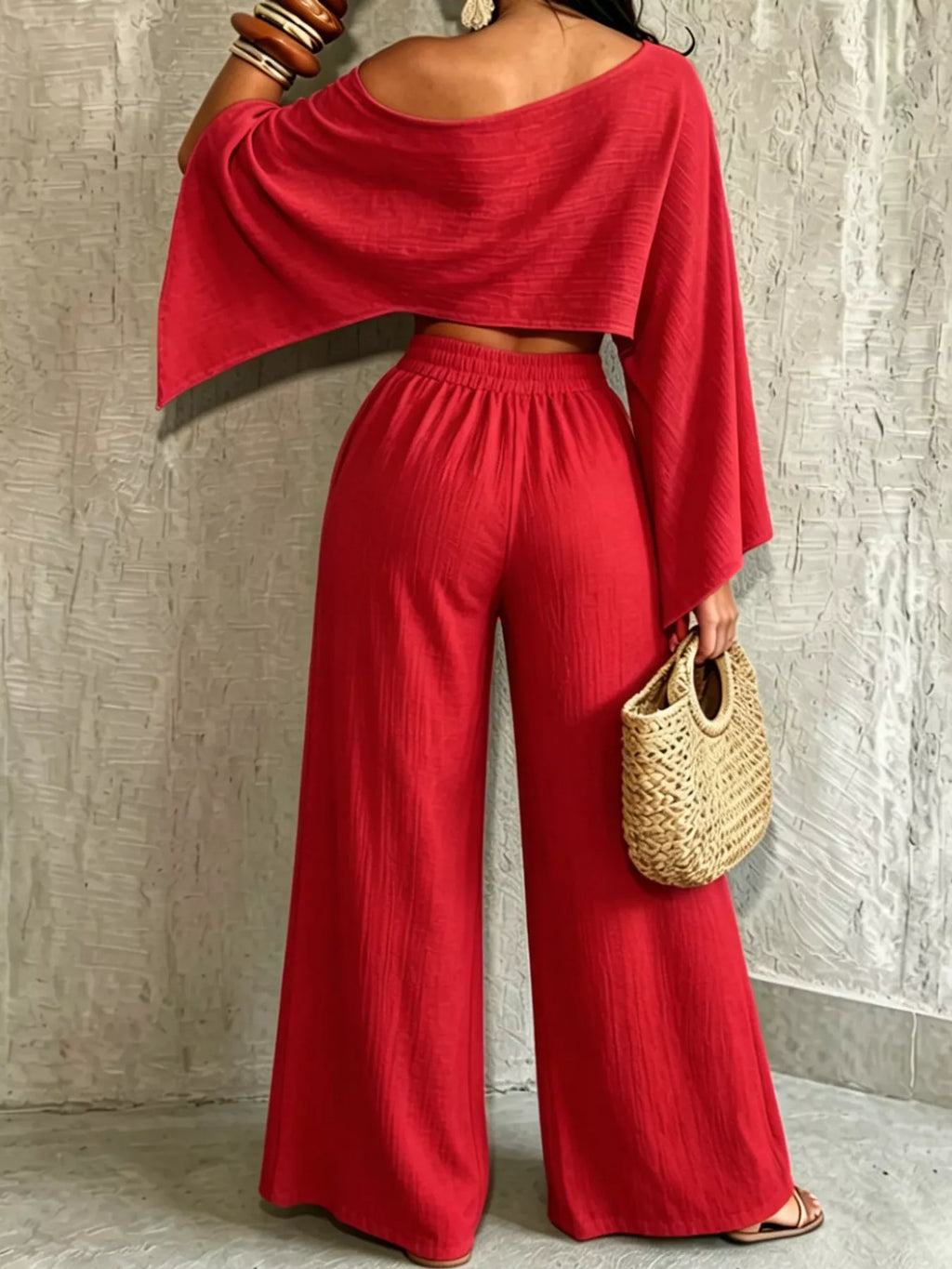 Boat Neck Crop Top and Wide-Leg Pants Set