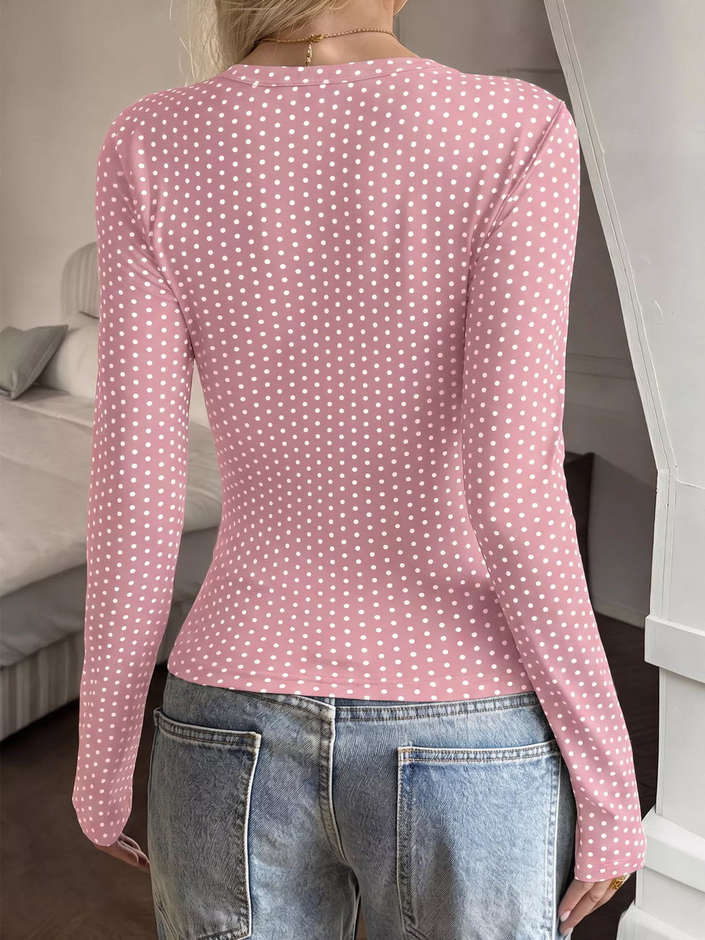 Long Sleeve Polka Dot Slim Fit T-Shirt