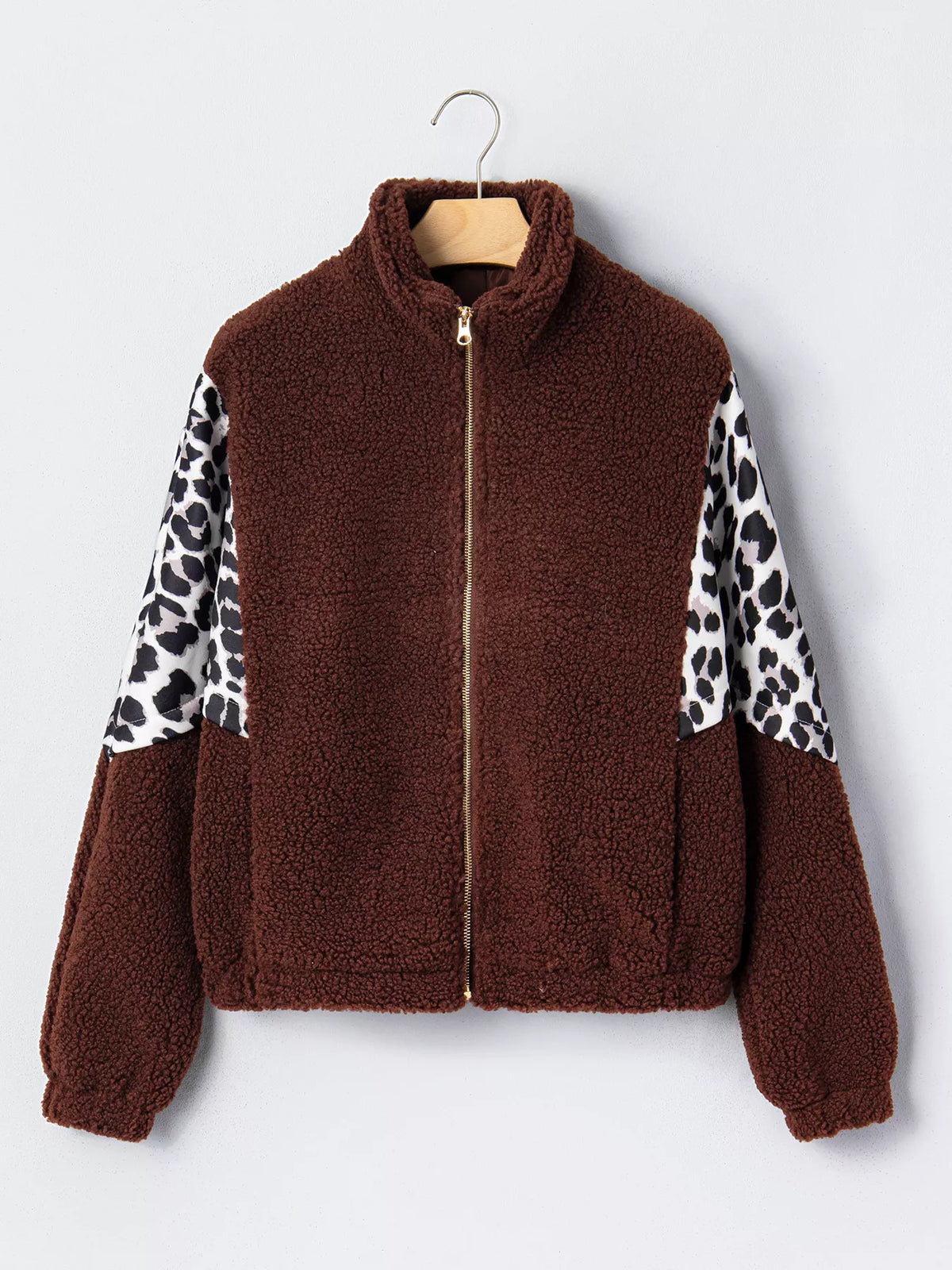 Leopard Patchwork Fleece Western Style Zip-up Collar Jacket