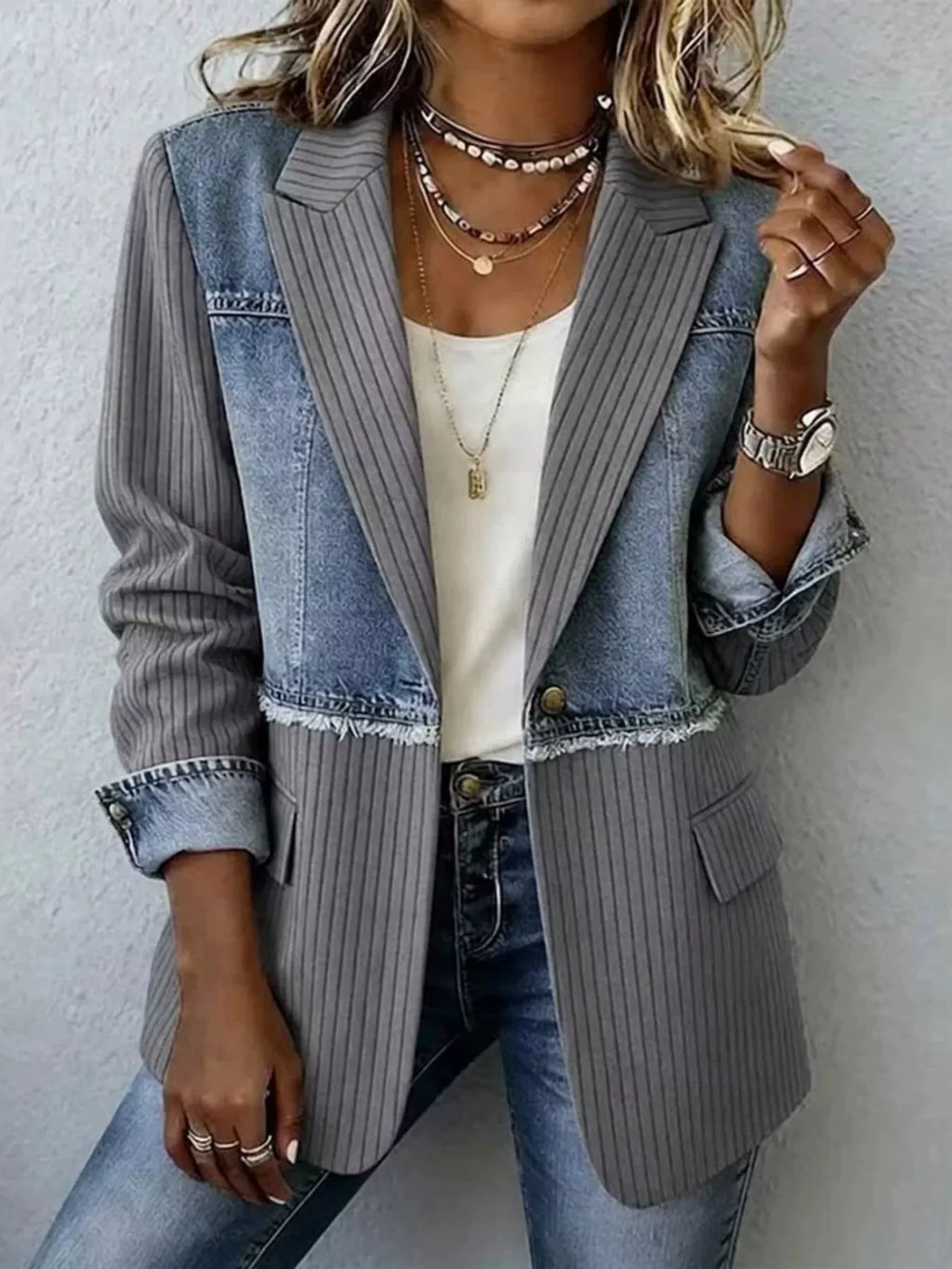 Full Size Patchwork Denim Ribbed Blazer Plus Size