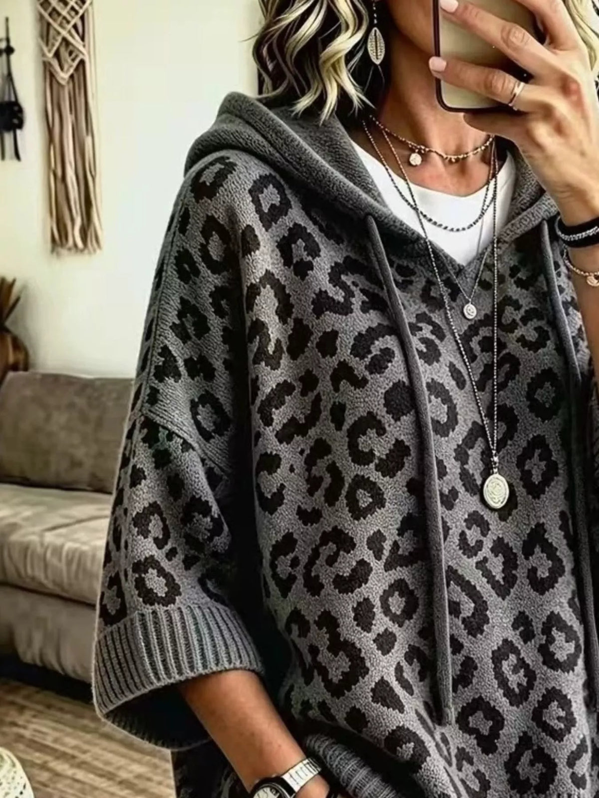 Leopard Print Hooded Knit Sweater