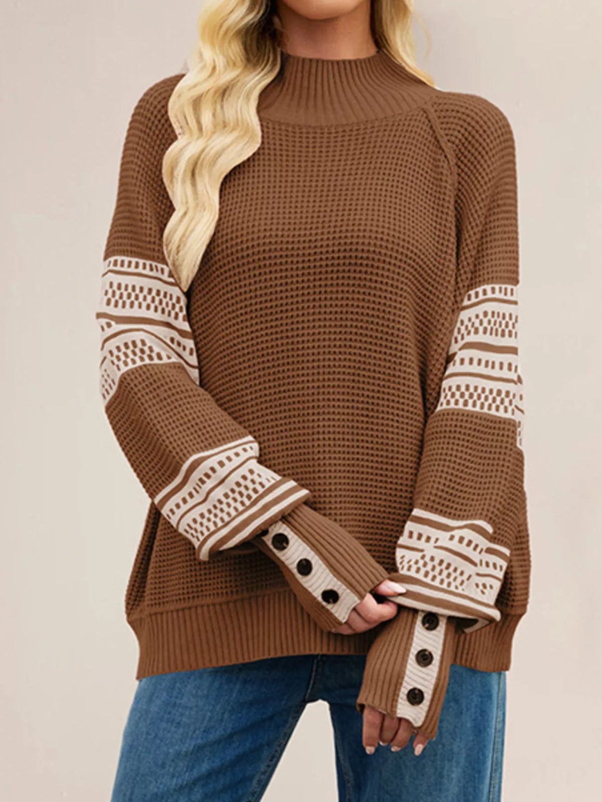 Color-Block Mock Neck Waffle Knit Sweater