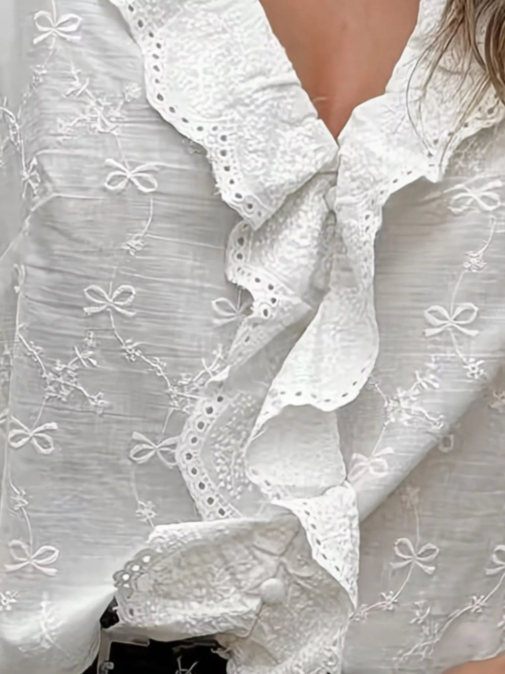 Bow Embroidered Ruffled V-Neck Blouse