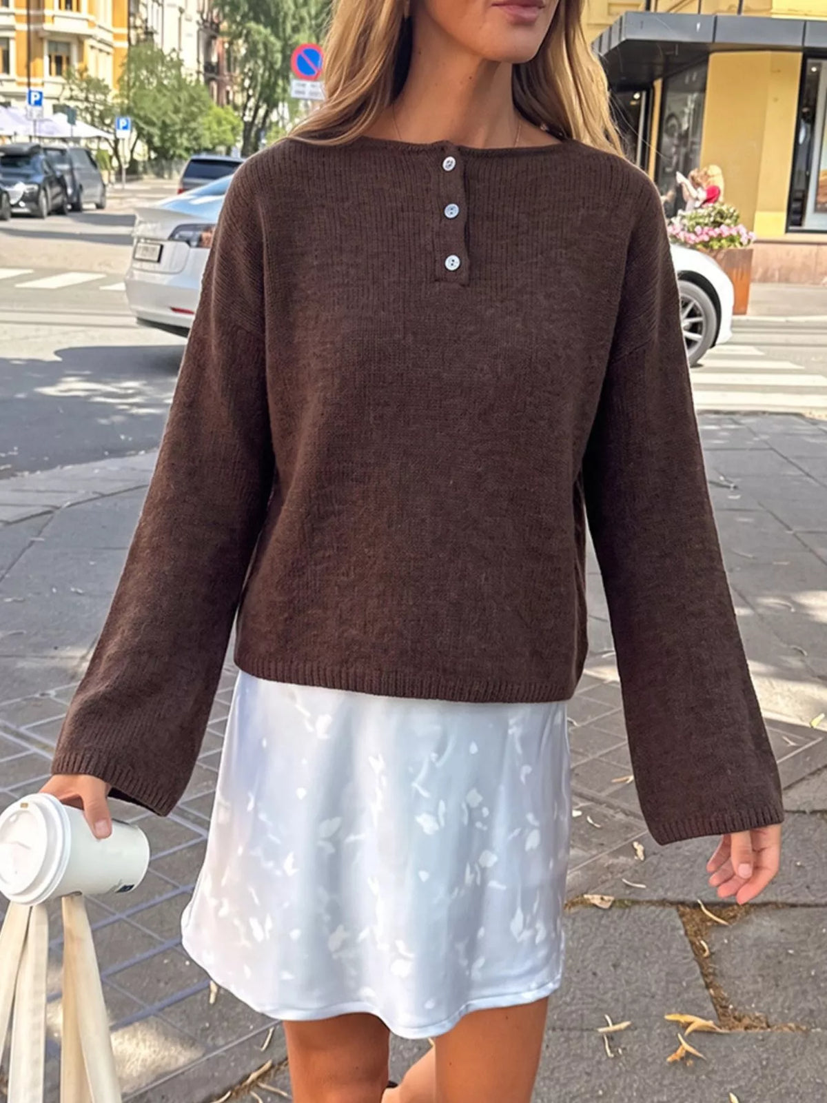 Button-Placket Round Neck Drop Shoulder Knit Top