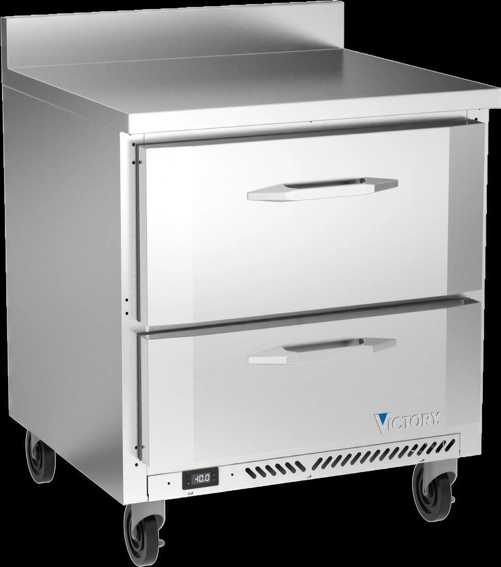 Victory Refrigeration VWFD32HC-2 32-Inch Stainless Steel Worktop Freezer with 2 Drawers, 7.22 Cu. Ft., Rear-Mounted Self-Contained Refrigeration