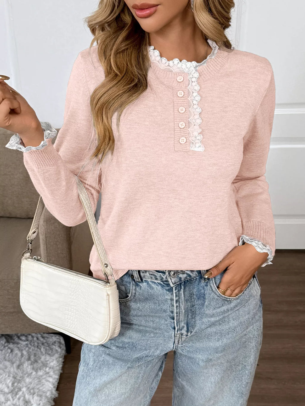 Lace Trim Button Detail Sweater