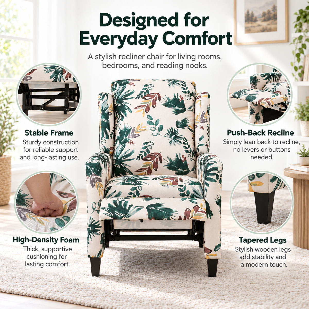 Floral Print Recliner Chair with Padded Arms - Multicolor