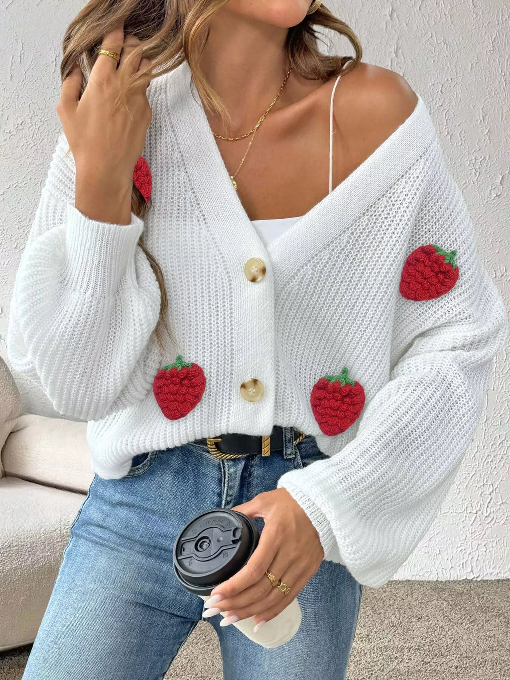 Strawberry Applique Button Up Cardigan