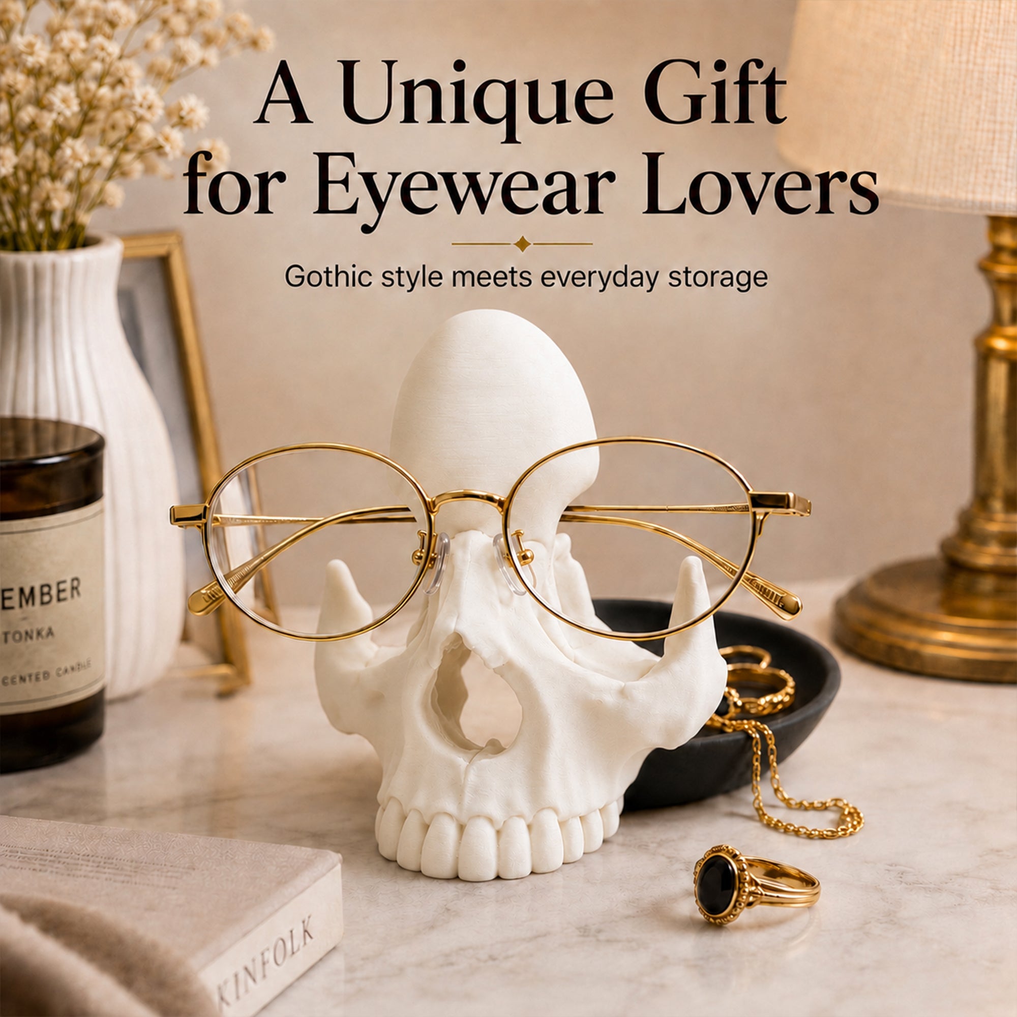 3D Printed Gothic Skull Eyeglasses Holder With Catchall Tray Desk Organizer
