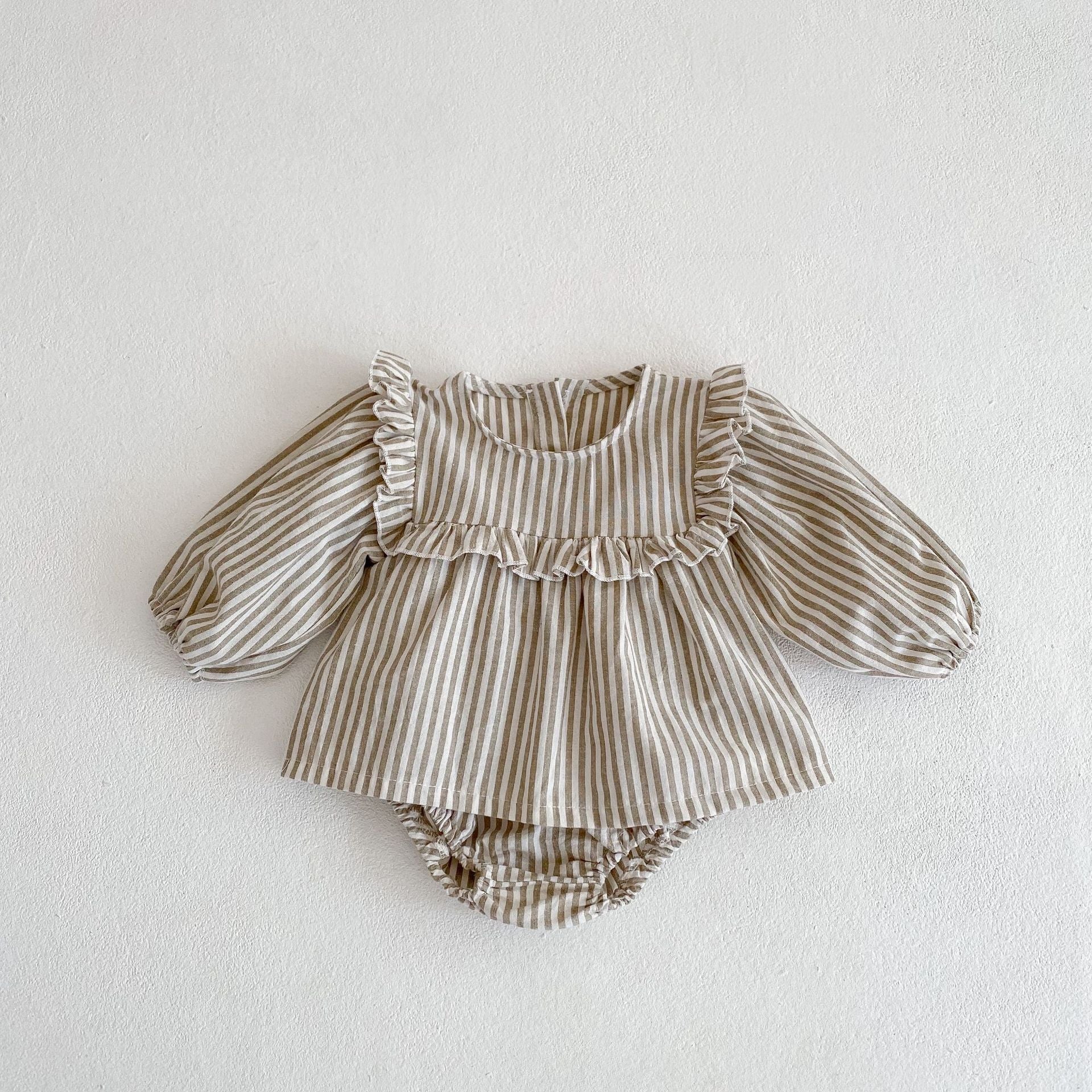 Cotton Baby Ruffle Collar Striped Long Sleeved Skirt Bread Pants Set