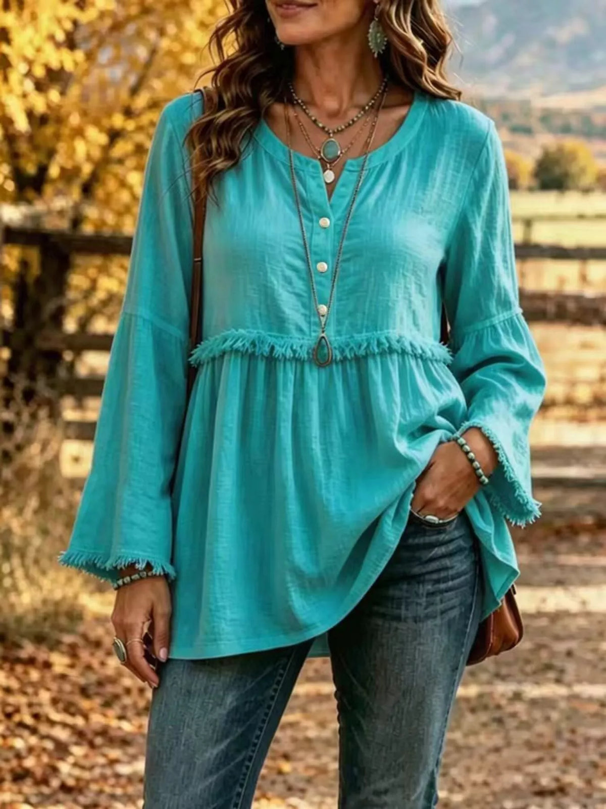 Full Size Fringed Button Detail Blouse Plus Size