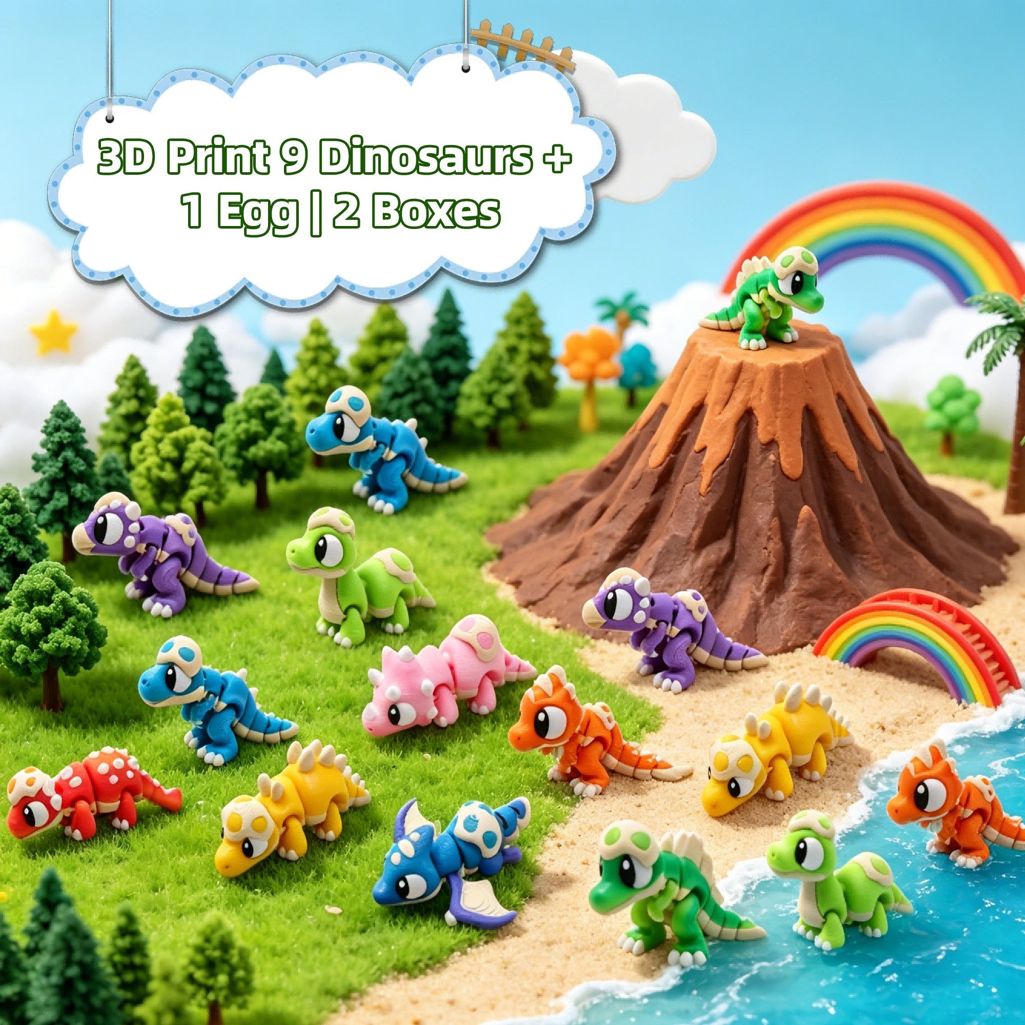 18 Mini Dinosaur Figures  2 Eggs, 2-Box 3D Printed Dinosaur Set