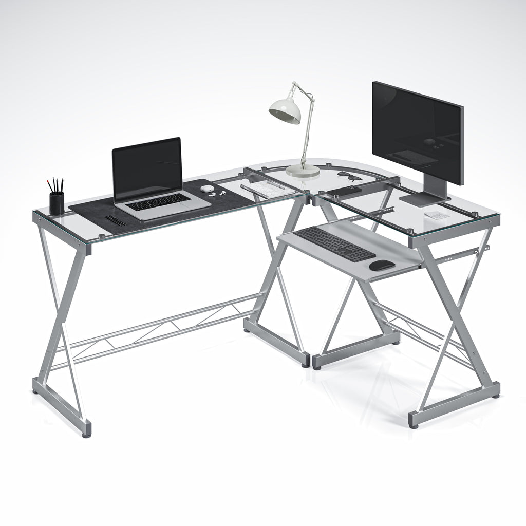 Techni Mobili L-Shaped Tempered Glass Top Computer Desk with Pull Out Keyboard Panel, Clear
