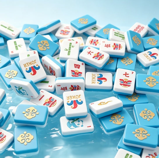160PCS 3D Printed Floating American Mahjong Tile Set With 4 Dice, Blue Dual-Layer Mahjong Tiles With Arabic Numbers, Jokers & Flowers For Game Night