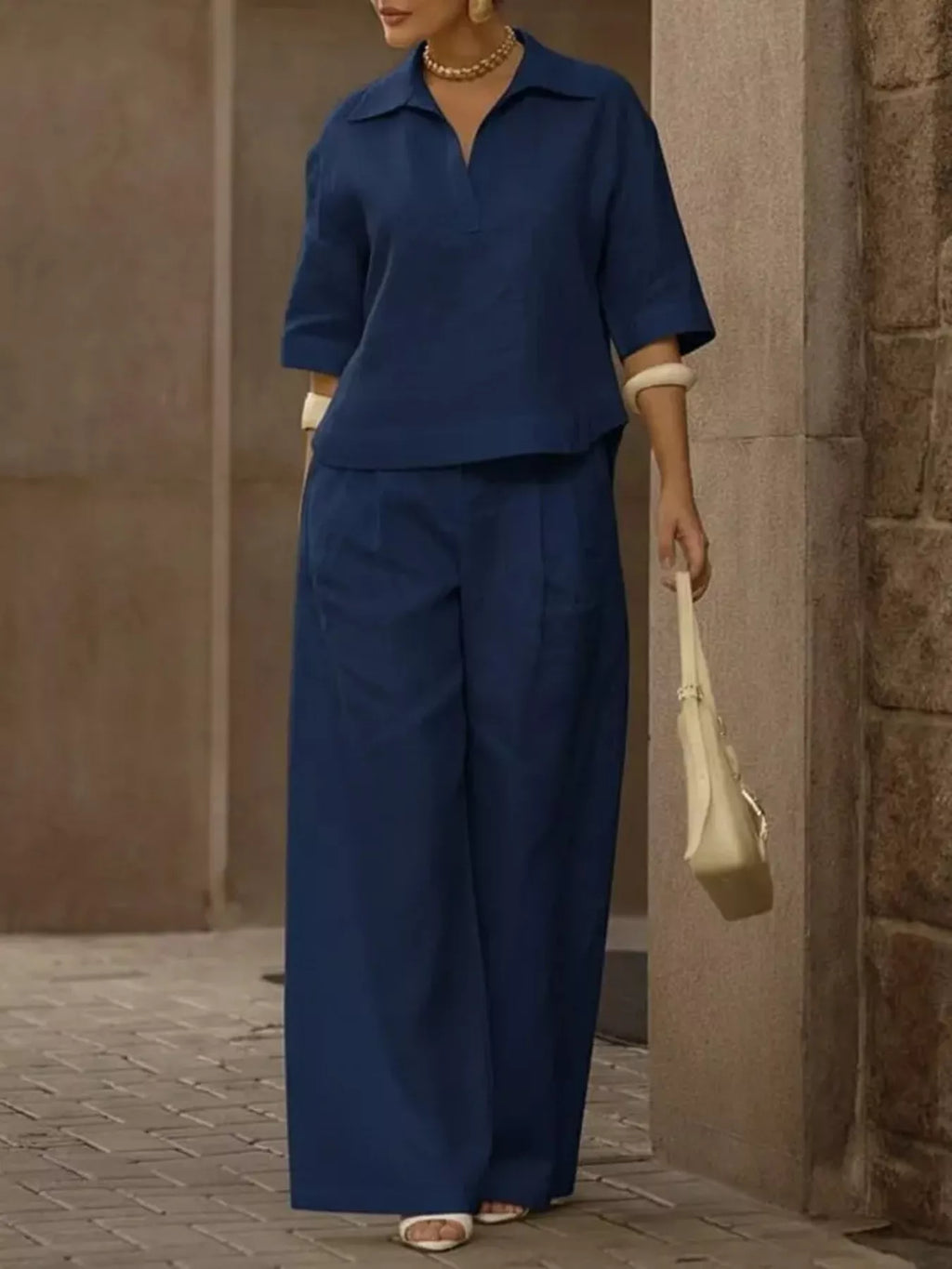 Full Size 3/4 Sleeve Top and Wide Leg Pants Set Plus Size
