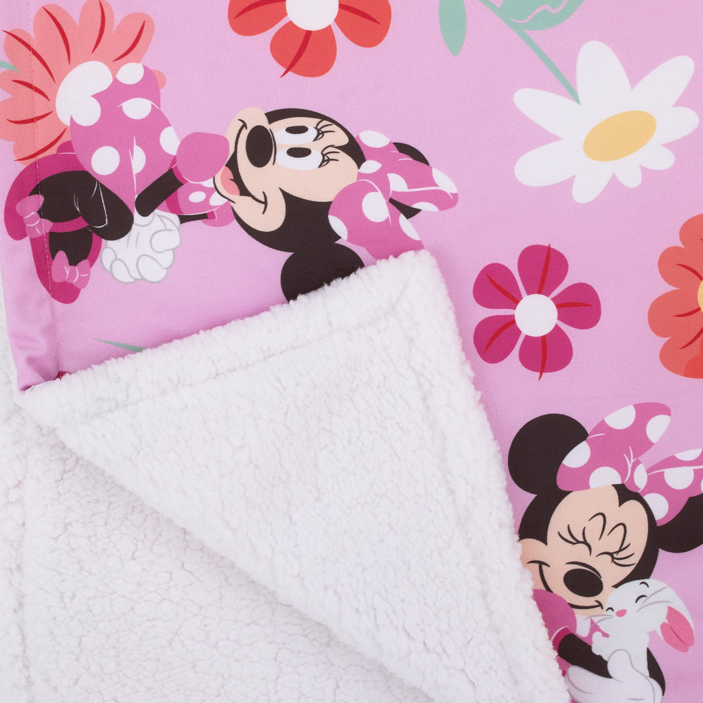 Minnie Mouse Springtime Flowers Pink Orange, Green, and White Super Soft Sherpa Baby Blanket