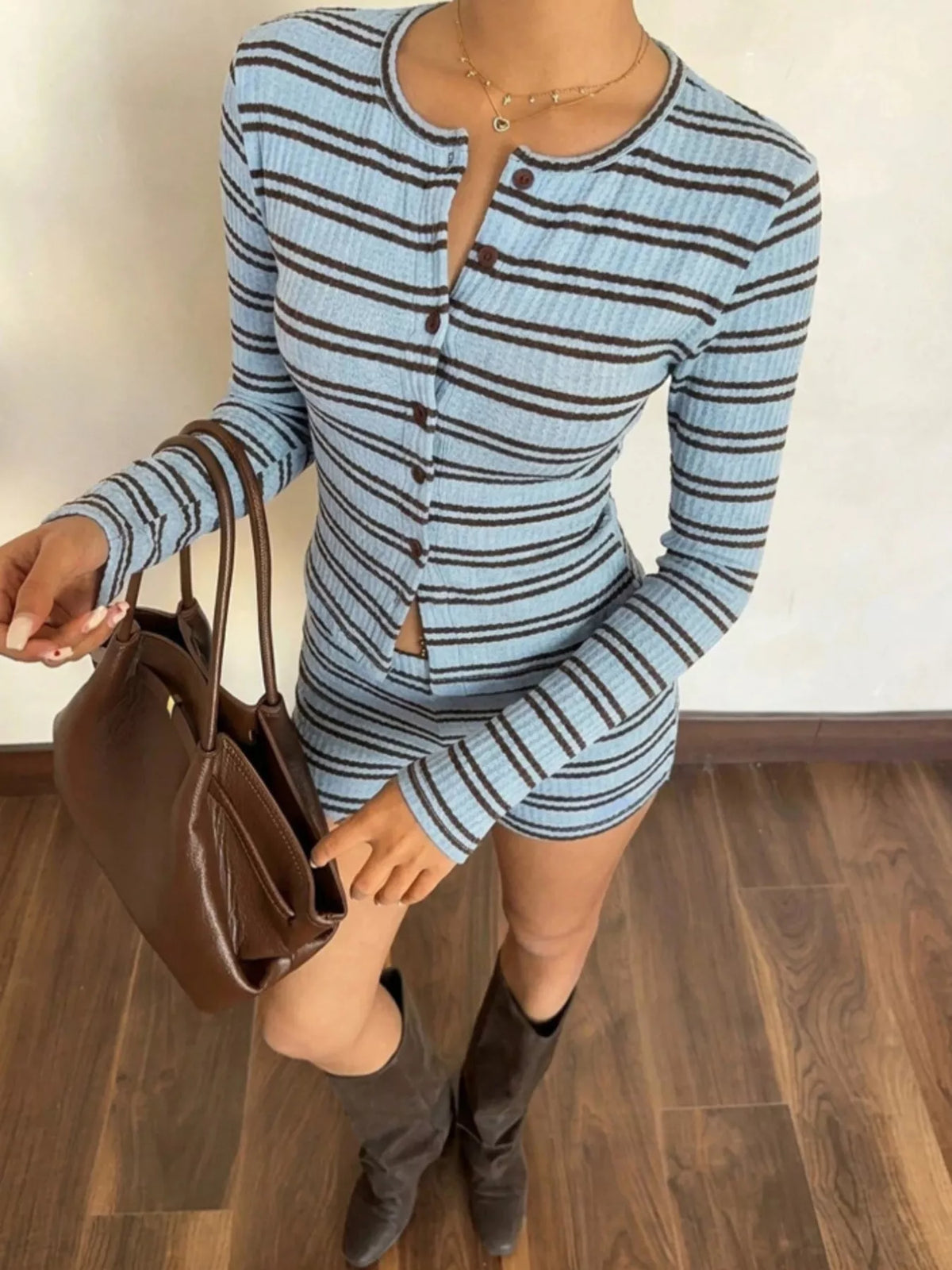 Striped Button-Down Cardigan and Shorts Set