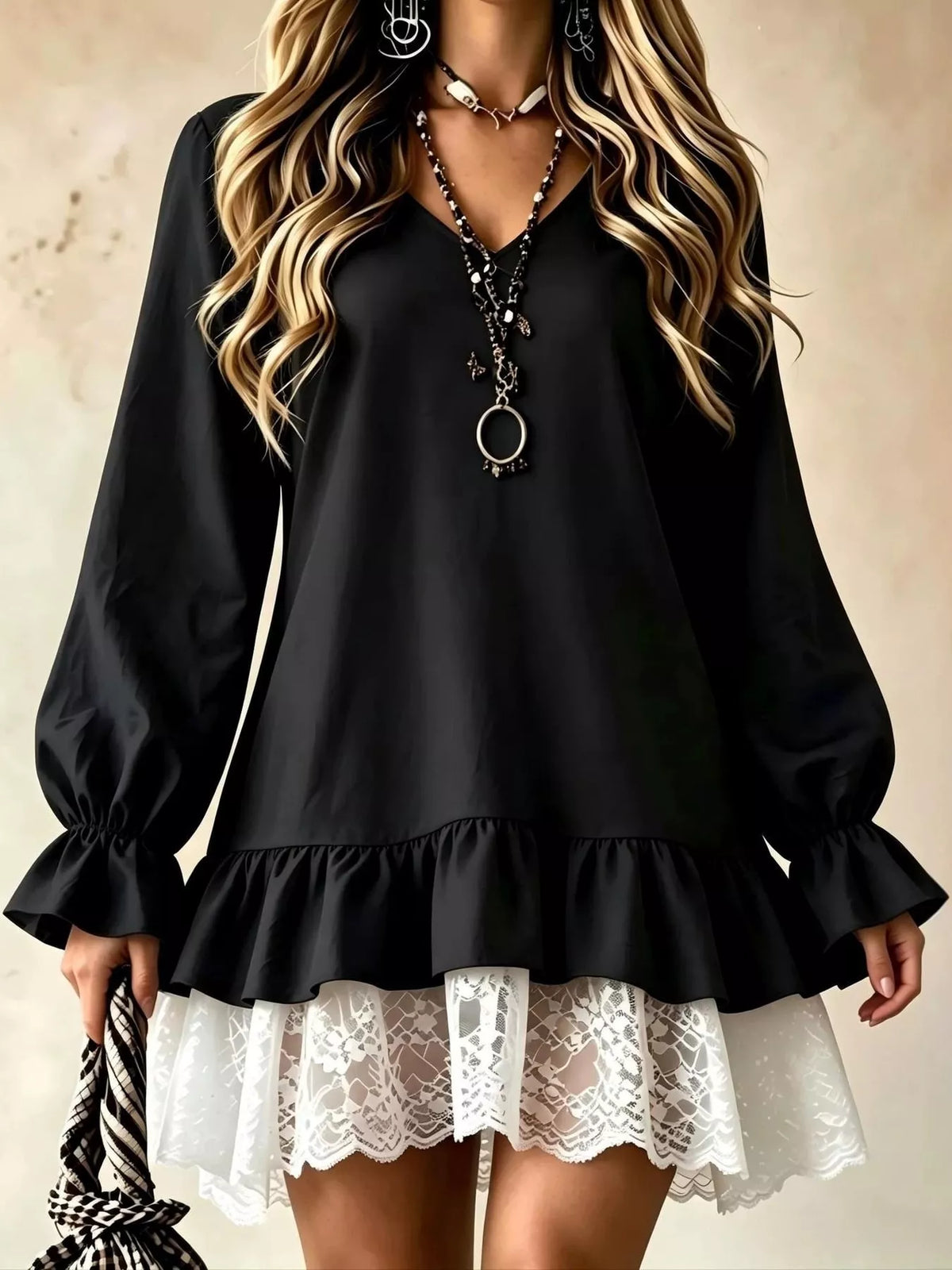 Lace Hem V-Neck Flounce Sleeve Dress
