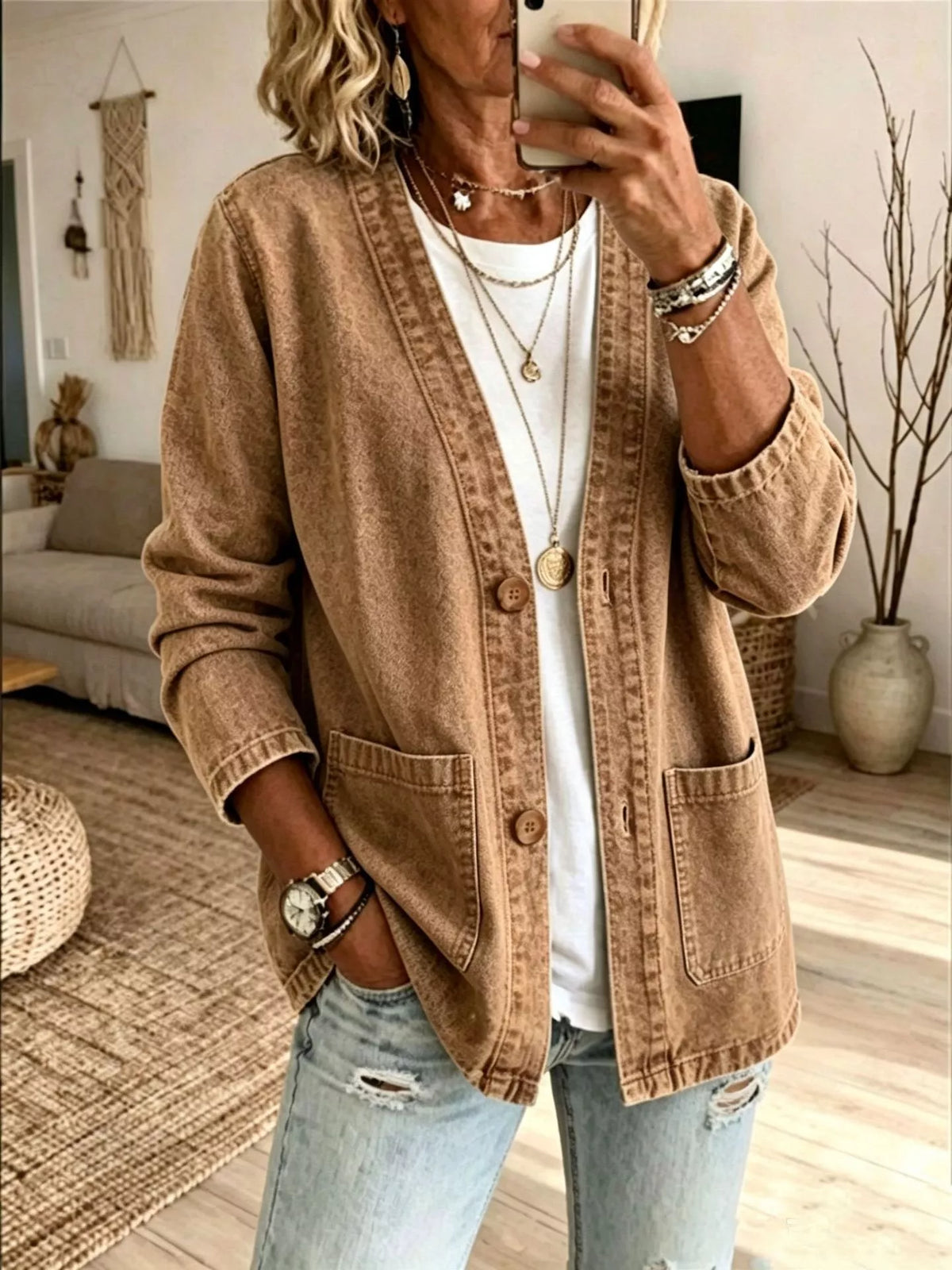V-Neck Button-Down Denim Jacket