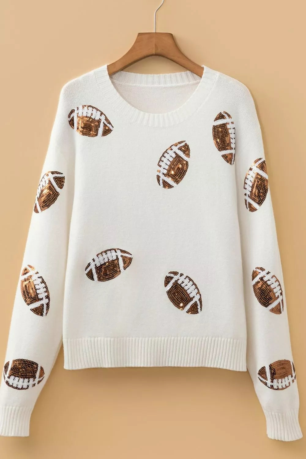 Sequin Football Print Round Neck Long Sleeve Loose Fit Sweater