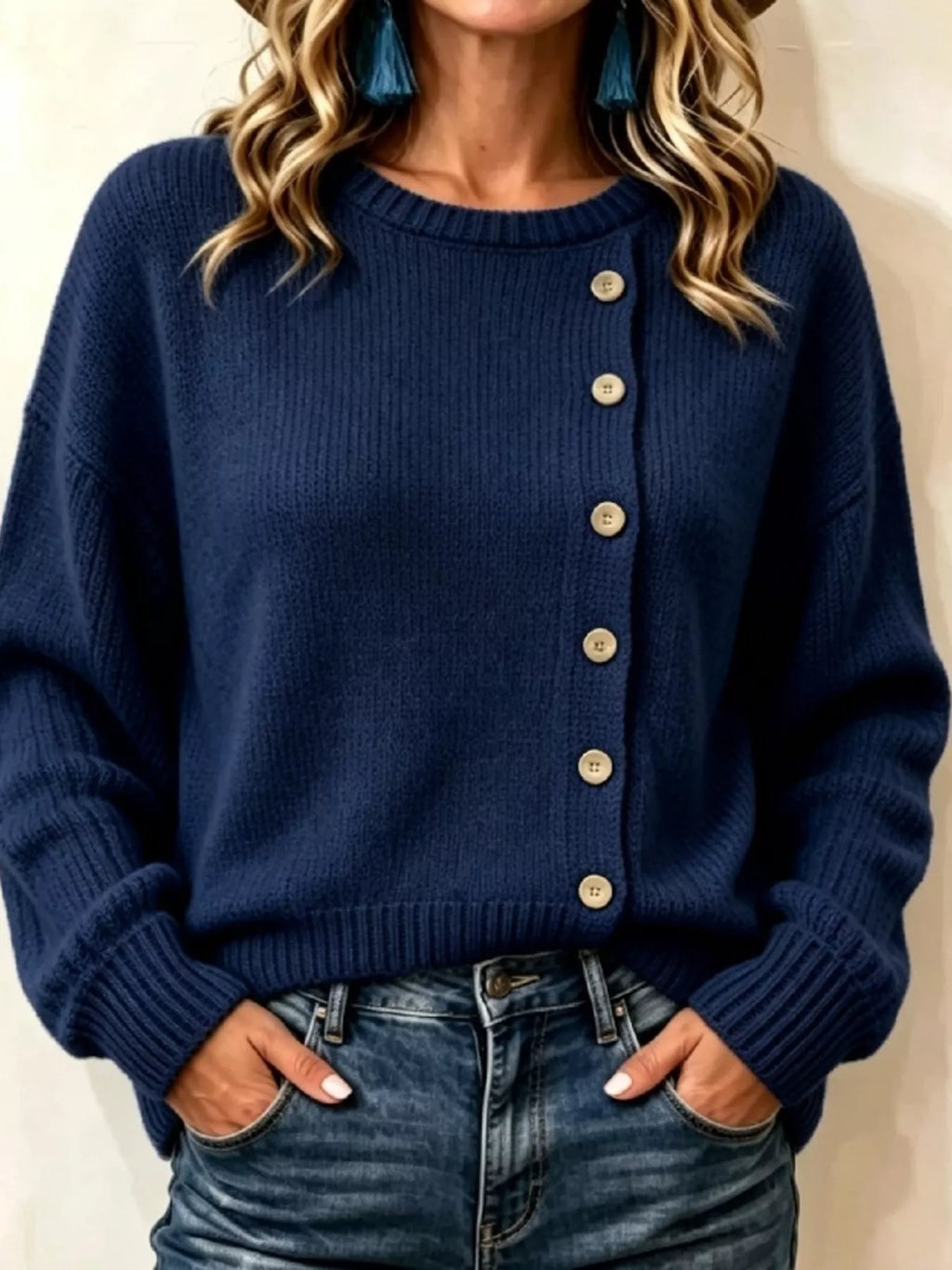 Decorative Button Round Neck Sweater