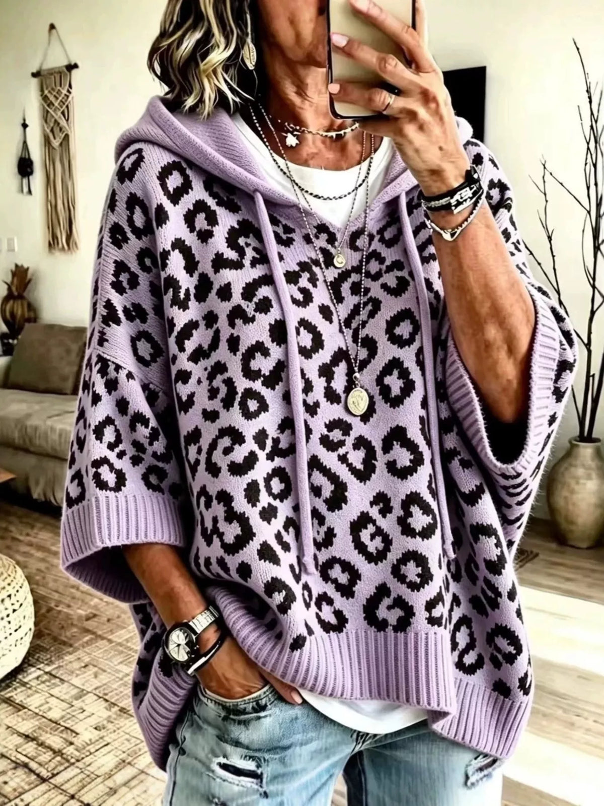 Leopard Print Hooded Knit Sweater