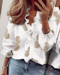 Full Size Printed V-Neck Blouse with Ruffled Plus Size