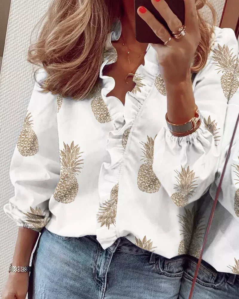Full Size Printed V-Neck Blouse with Ruffled Plus Size