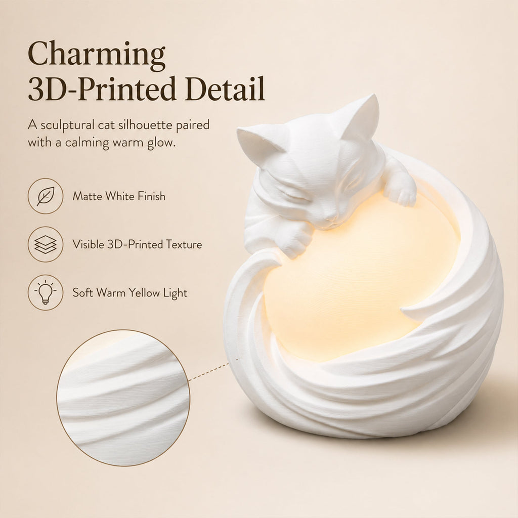 3D Printed Cat Ambient Table Lamp, Warm Glow Decorative Night Light, Cute Sculptural Desk Lamp For Bedroom, Bookshelf And Home Decor