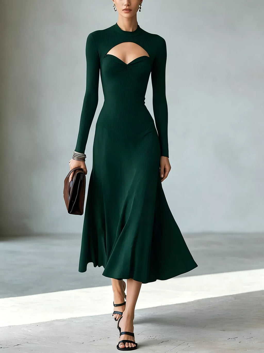 Full Size Mock Neck Cut-Out Long Sleeve Midi Dress Plus Size