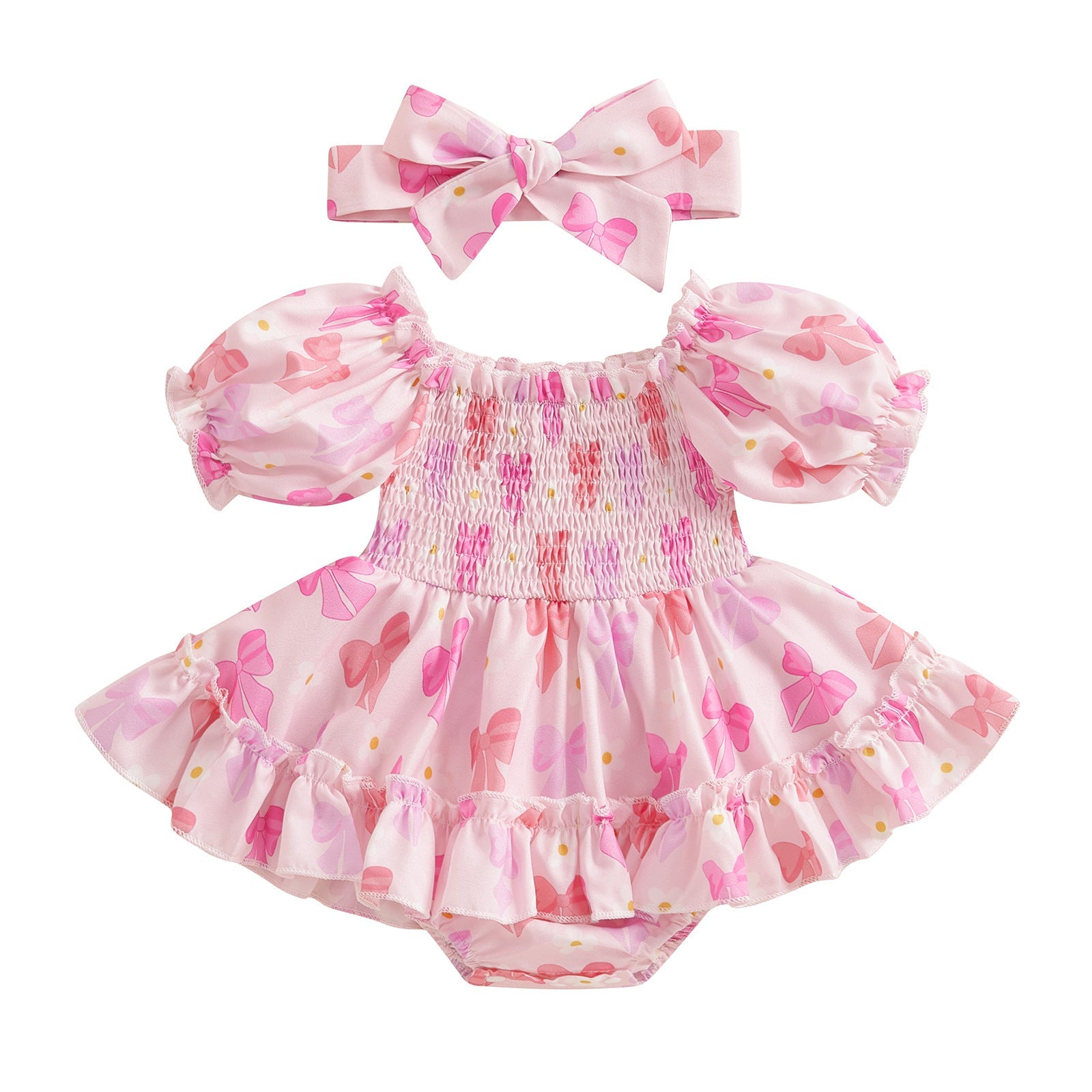 Girls' Bubble-Sleeve Romper With Tie-Dye Floral Print