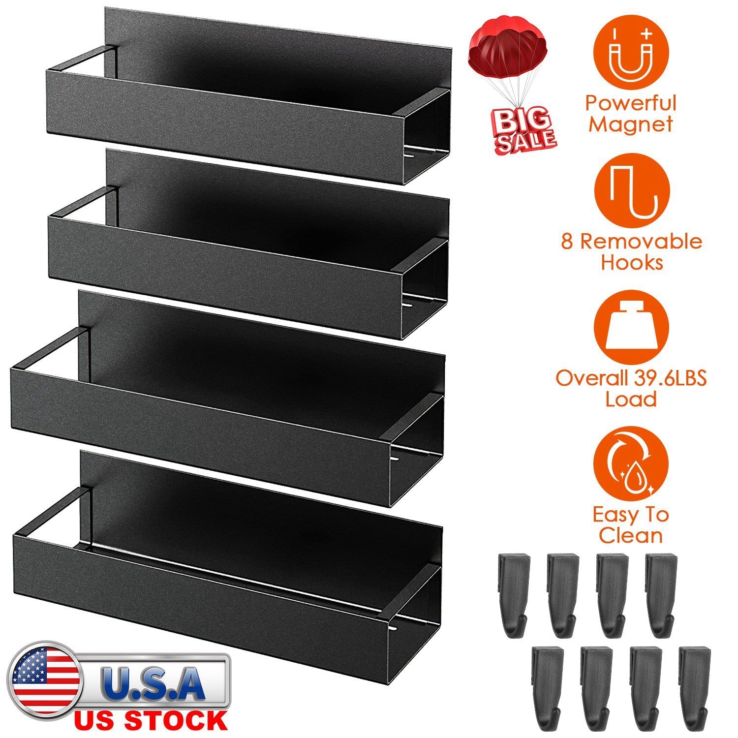 Magnetic Spice Rack with 8 Removable Hooks for Kitchen