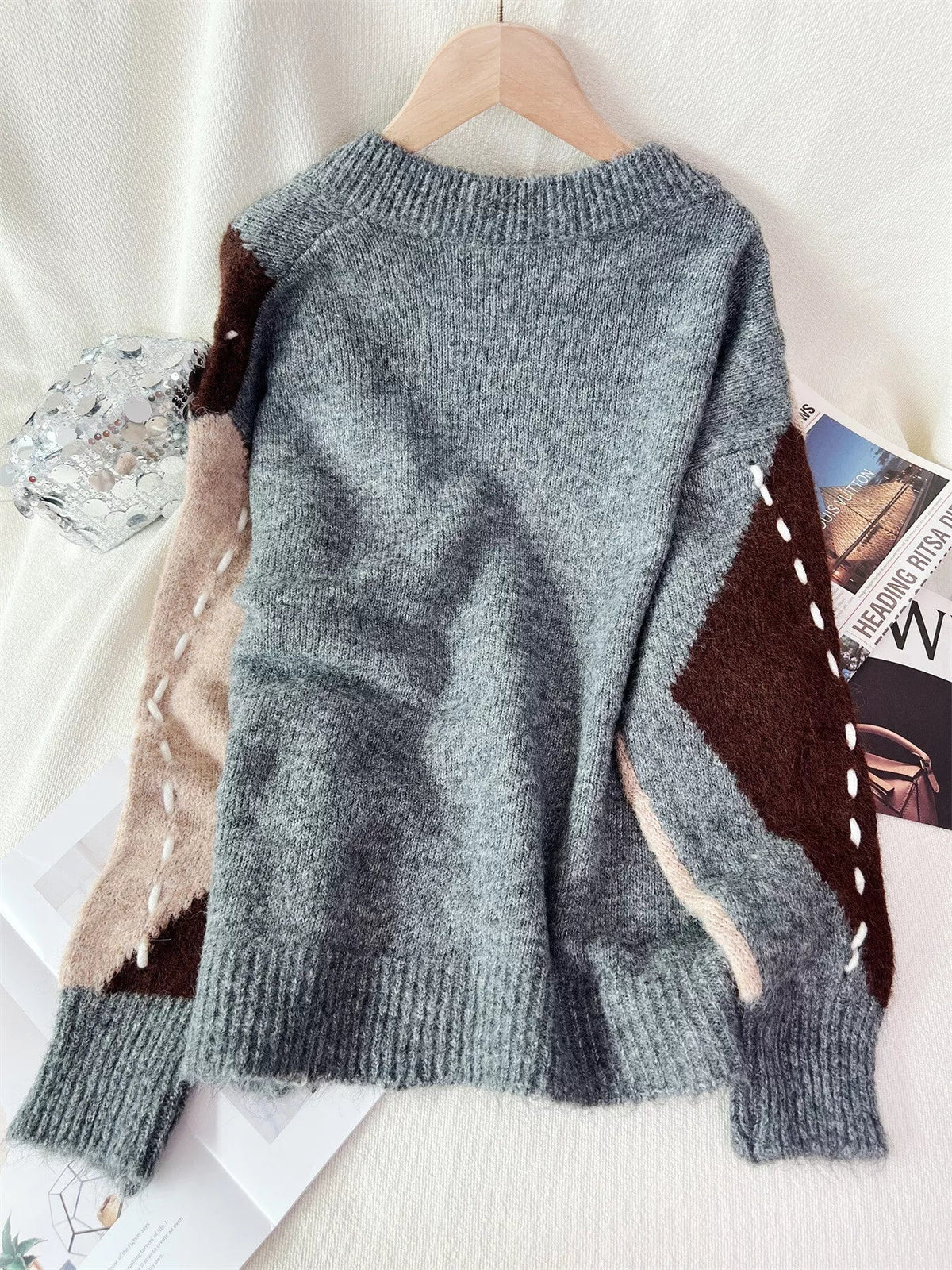 Argyle Pattern V-Neck Oversized Sweater