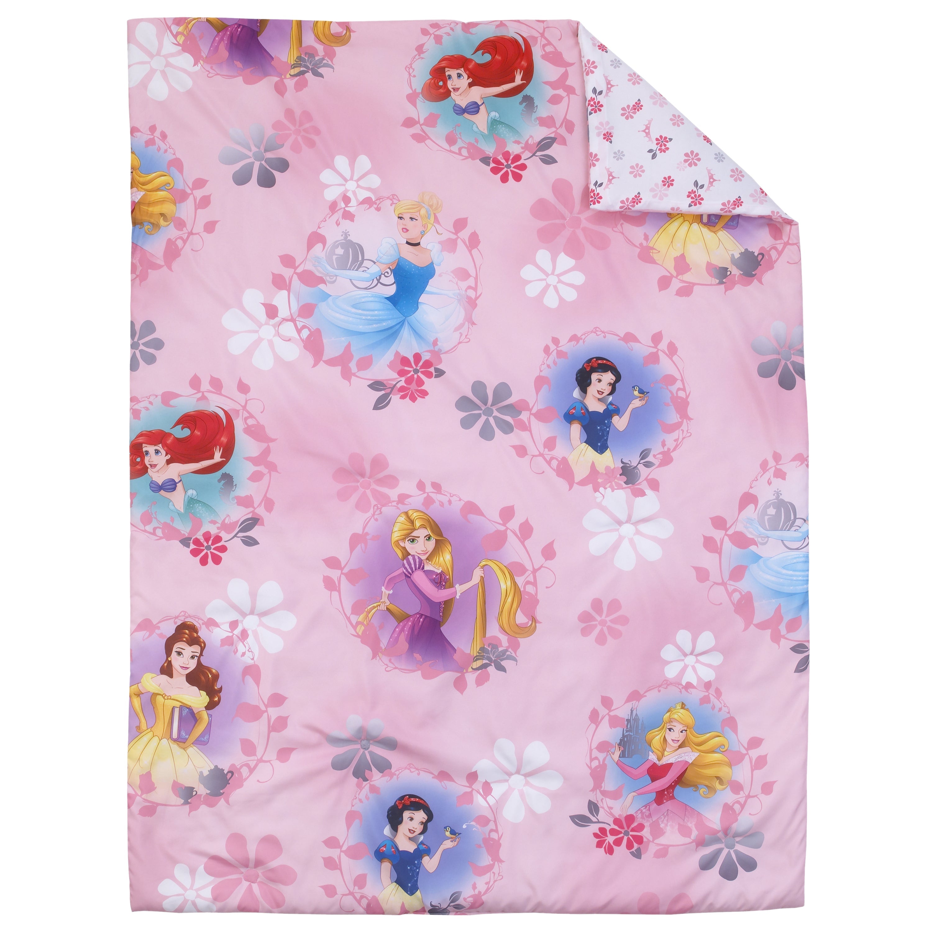 Disney Pretty Pretty Princess Pink, Blue, and Yellow 4 Piece Toddler Bed Set - Comforter, Fitted Bottom Sheet, Flat Top Sheet, and Reversible Pillowcase