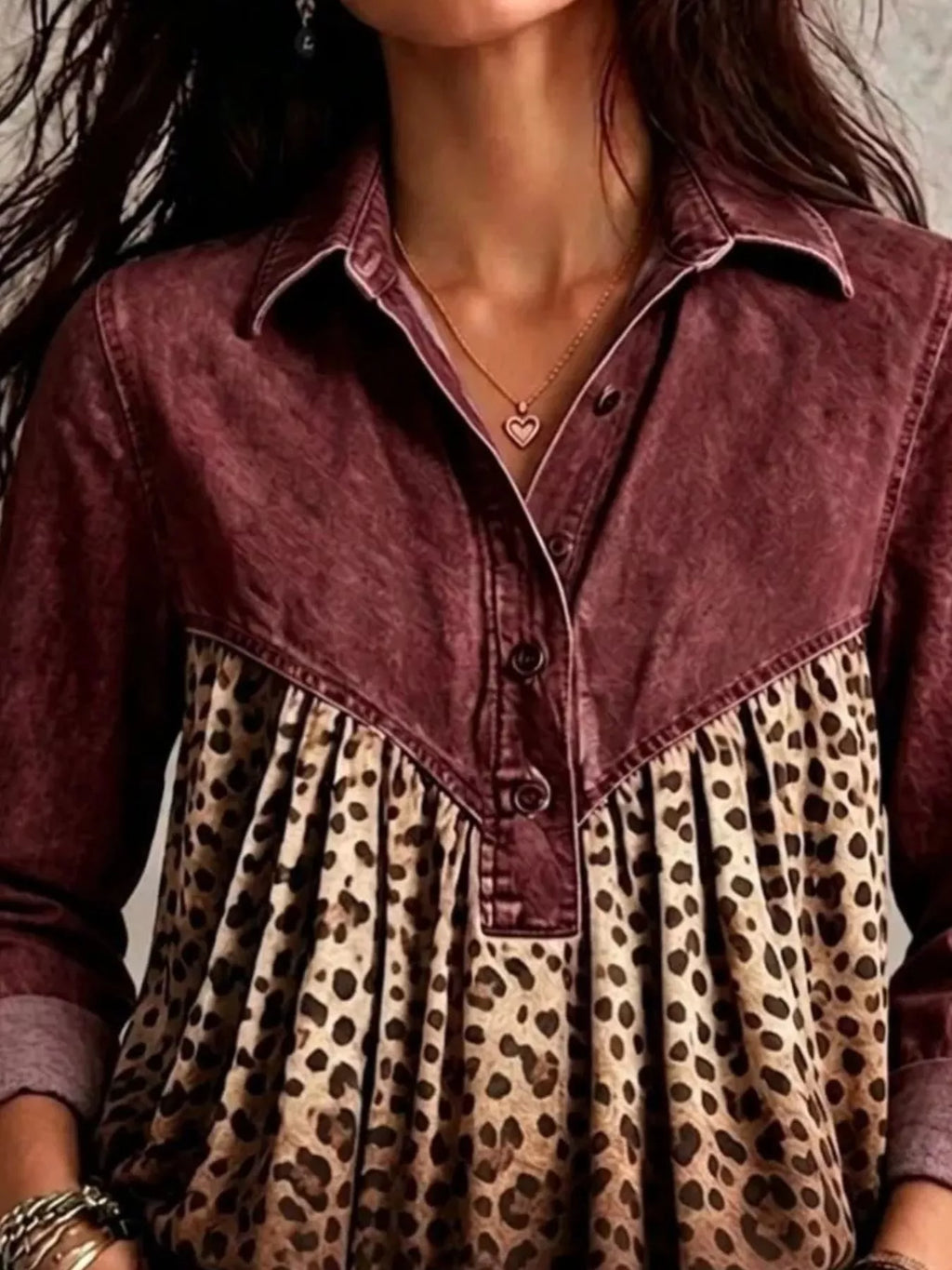 Full Size Leopard Button Detail Blouse Plus Size