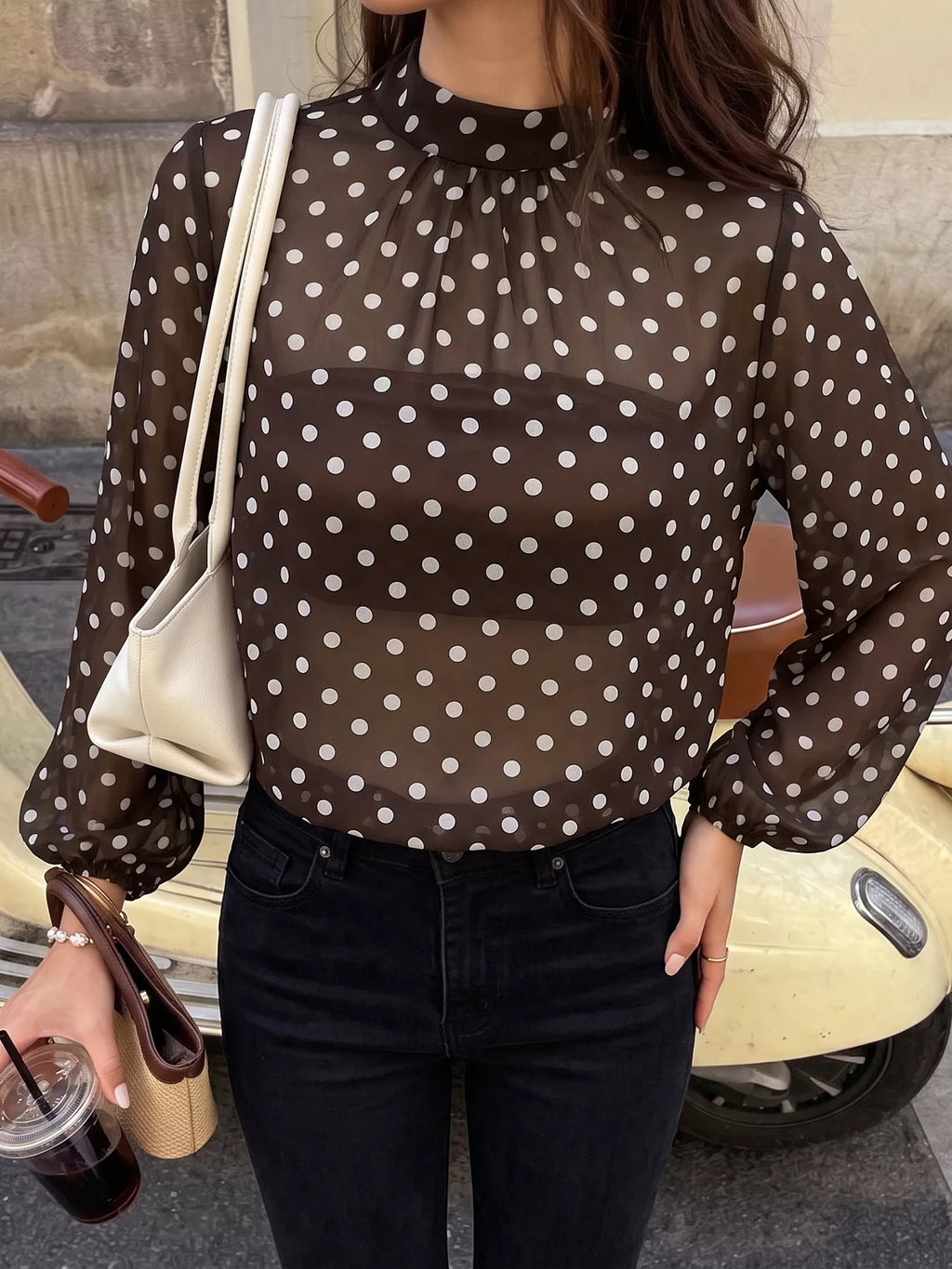 Polka Dot Mock Neck Long Sleeve Blouse