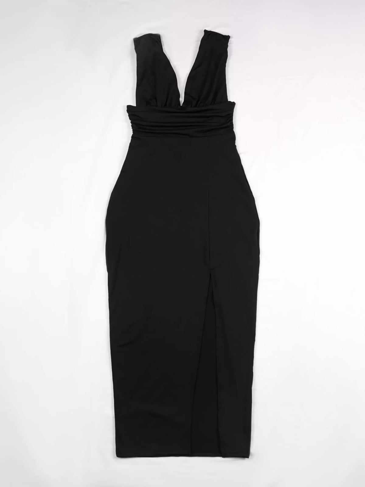 Sleeveless Deep V-Neck Ruched High Slit Bodycon Dress