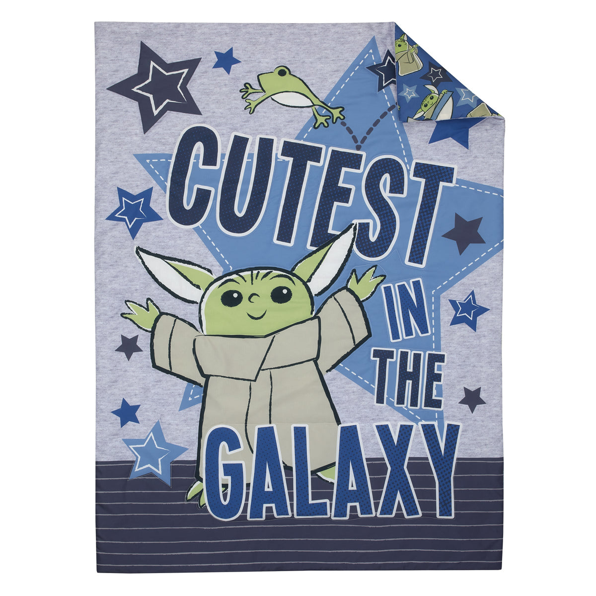 The Child Cutest in the Galaxy Blue, Green and Gray, "Too Cute" Grogu, Stars, Hover Pod, and Sorgan Frog 4 Piece Toddler Bed Set - Comforter, Fitted Bottom Sheet, Flat Top Sheet, and Reversible Pillowcase