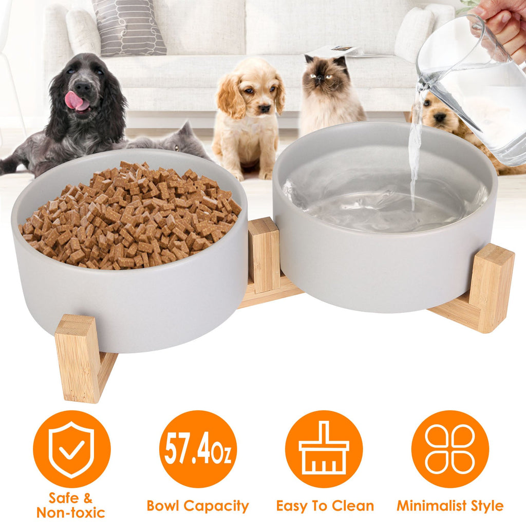Ceramic Pet Bowls on Wooden Raised Stand