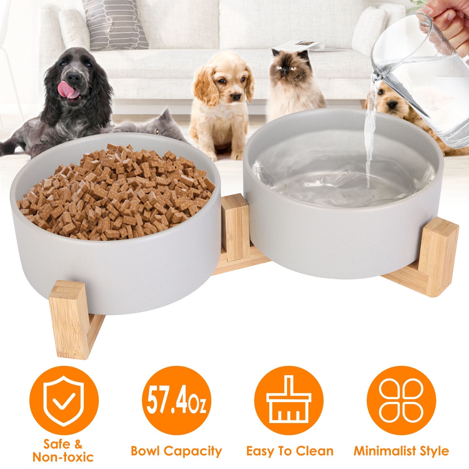 Ceramic Pet Bowls on Wooden Raised Stand