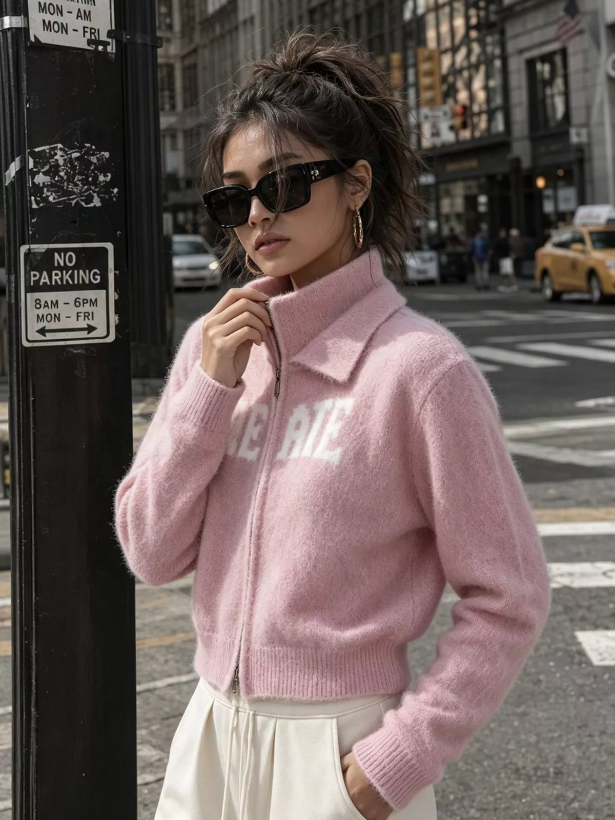 Fuzzy Letter Zip-Up Cardigan