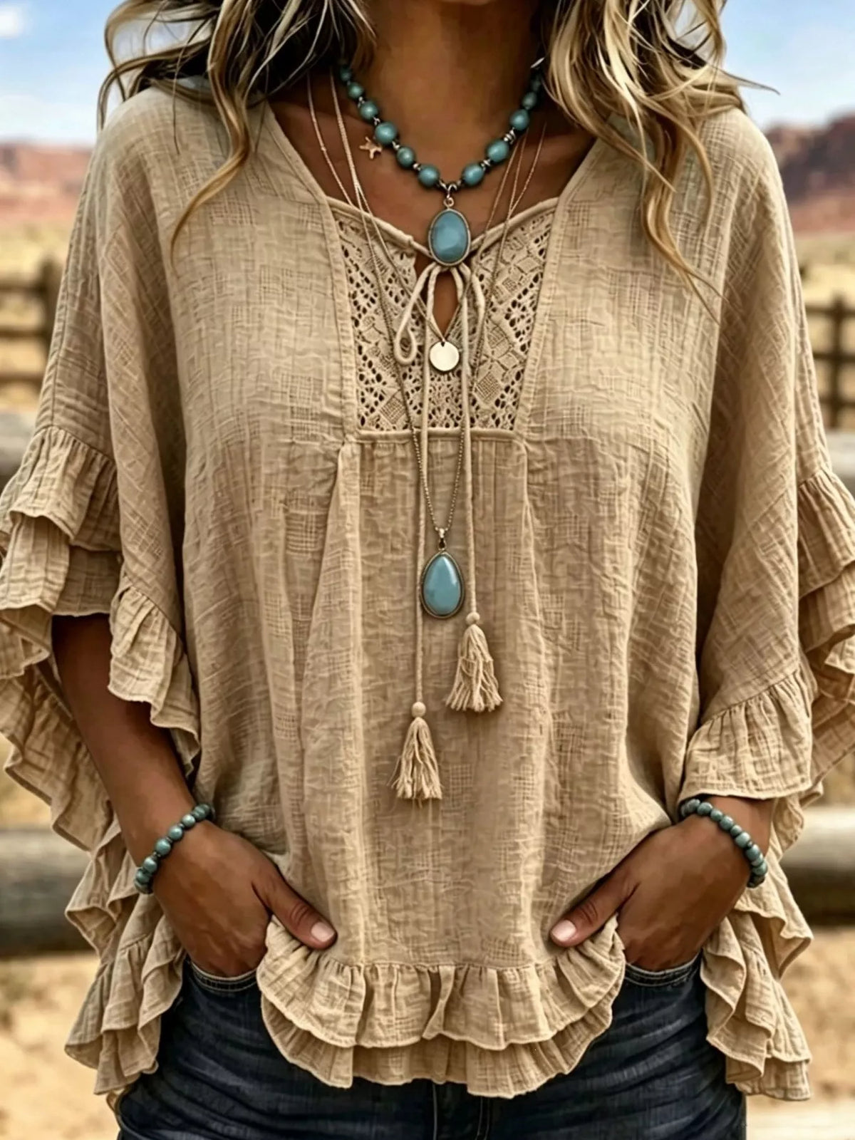 Full Size Tassel Tie Neck Ruffled Hem Blouse Plus Size