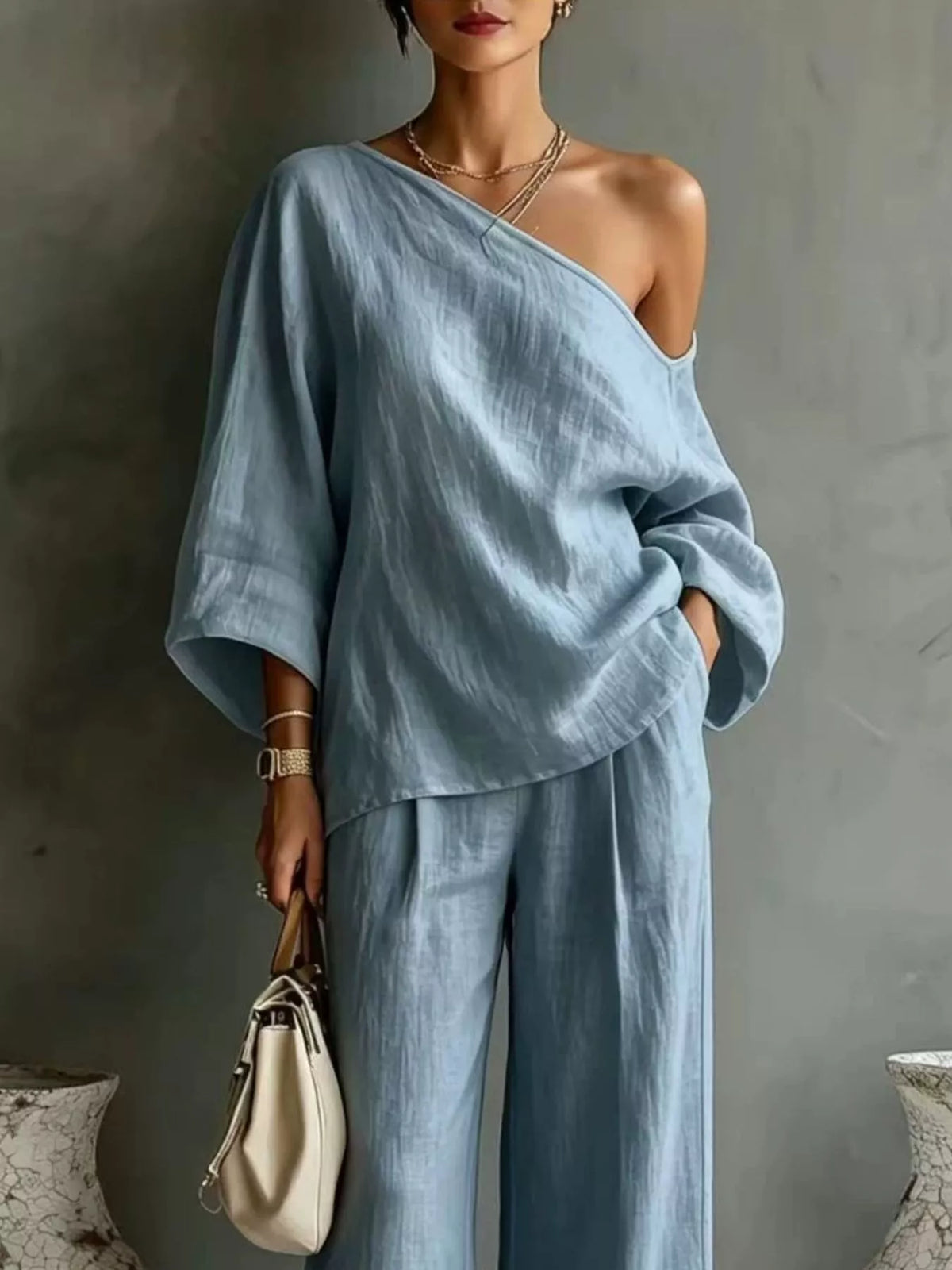 One Shoulder Top and Wide Leg Pants Set
