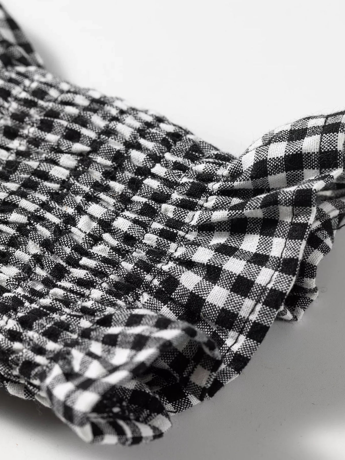 Plaid Shirred Cuff Long Sleeve Round Neck Blouse